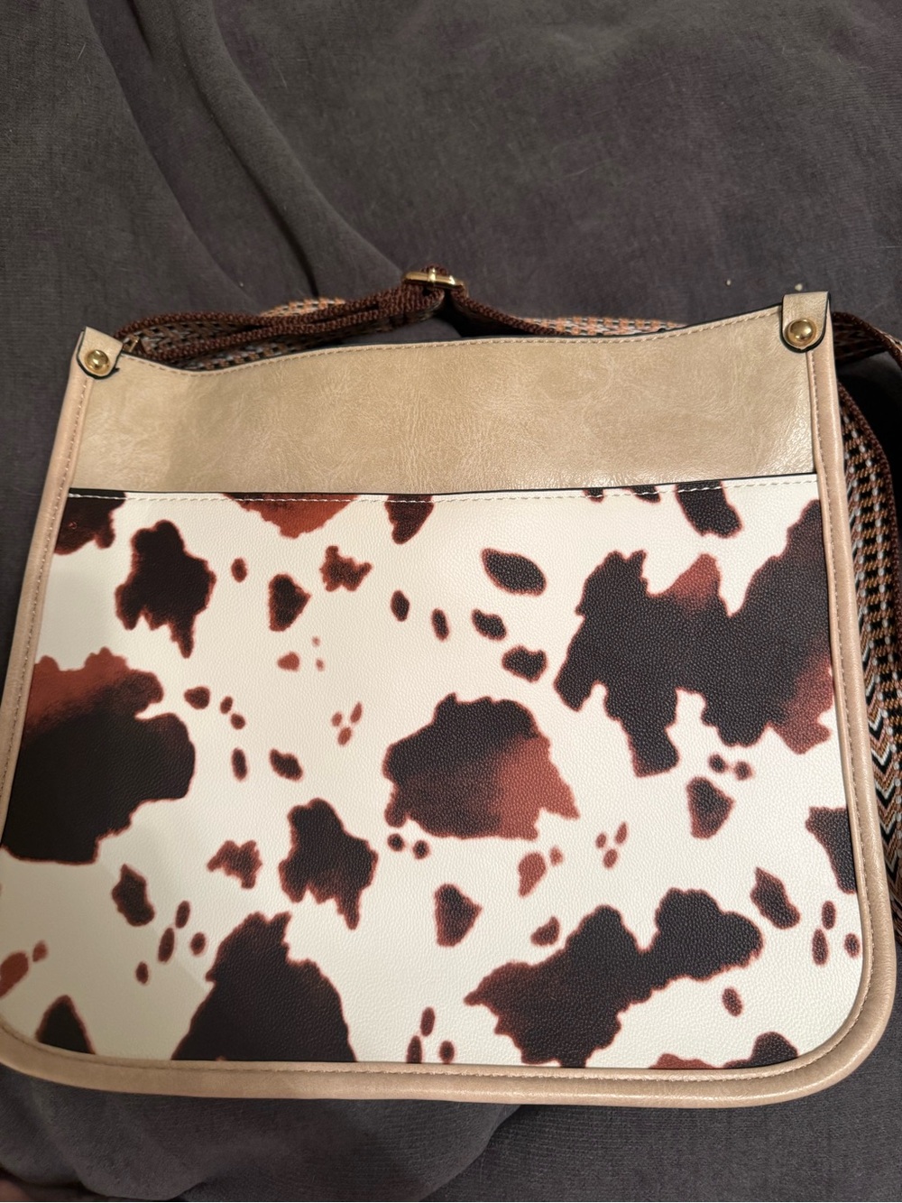 Taupe & Brown Cow Print Crossbody Shoulder Bag